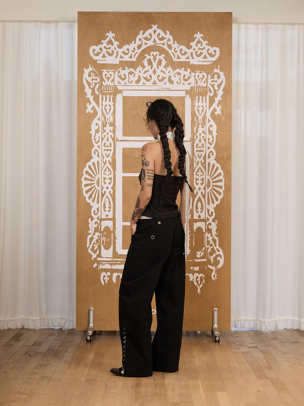 APRIORITY Black Distressed Lace Panel Adjustable Waist Women's Cotton Wide-leg Pants