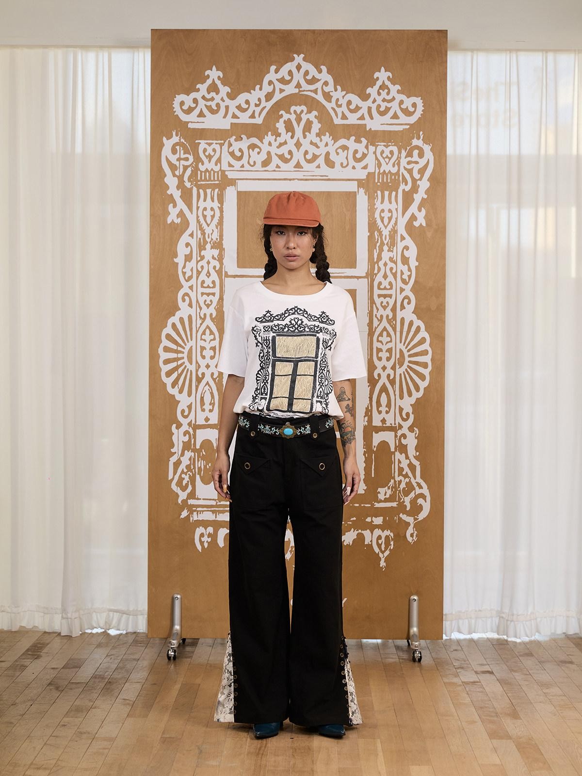 APRIORITY Black Distressed Lace Panel Adjustable Waist Women's Cotton Wide-leg Pants