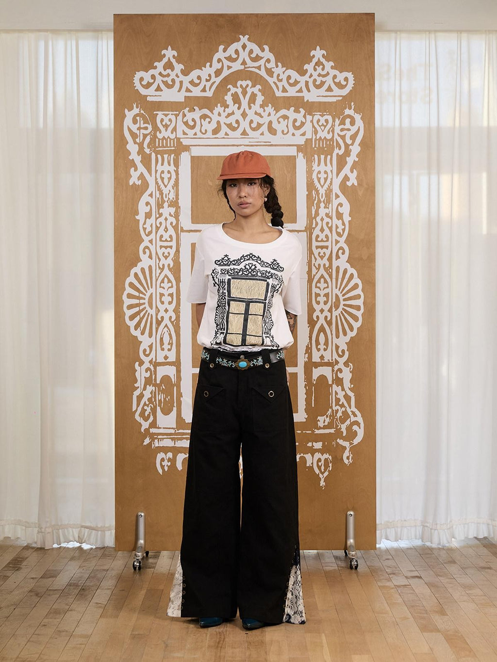 APRIORITY Black Distressed Lace Panel Adjustable Waist Women's Cotton Wide-leg Pants