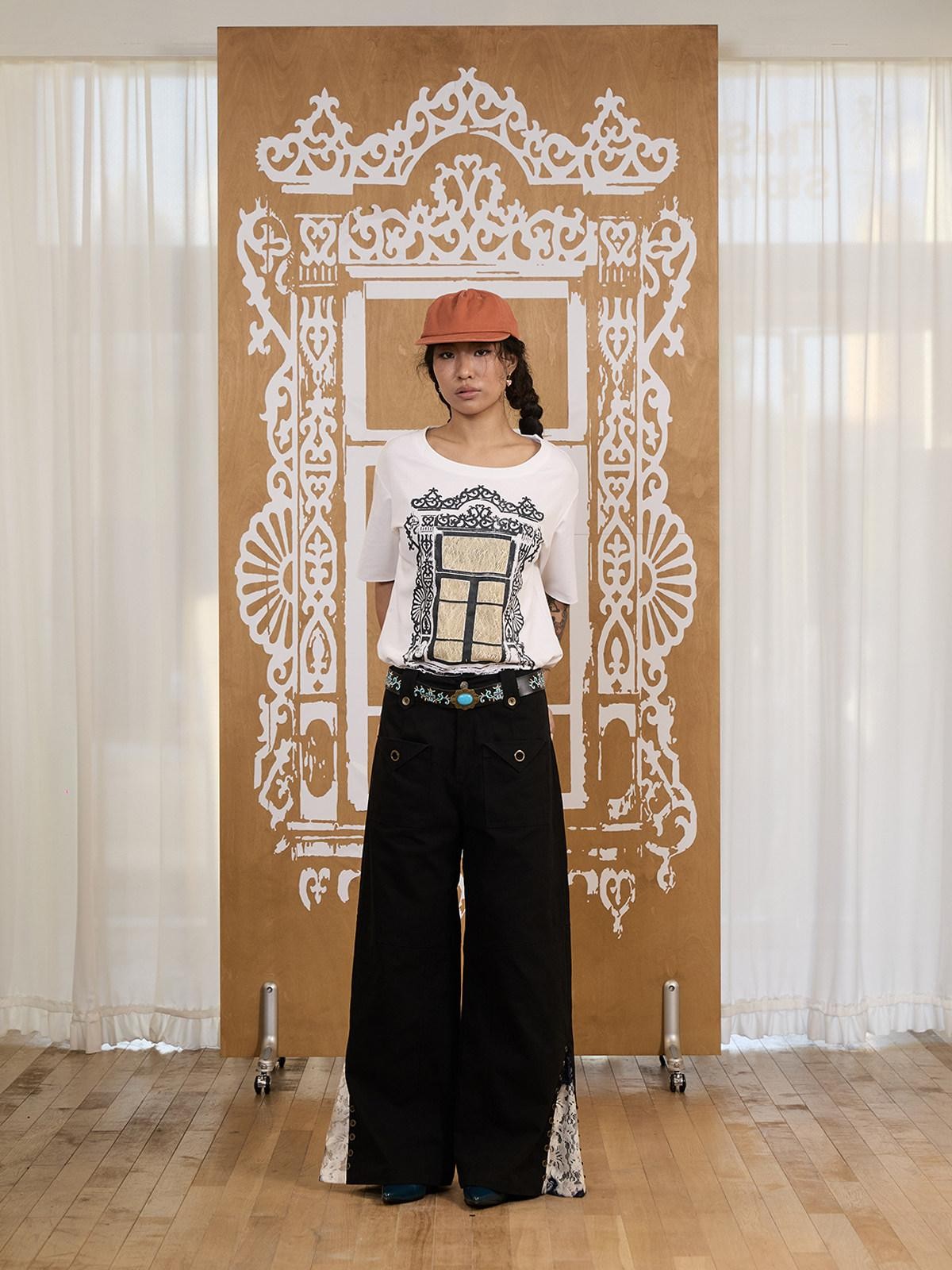APRIORITY Black Distressed Lace Panel Adjustable Waist Women's Cotton Wide-leg Pants