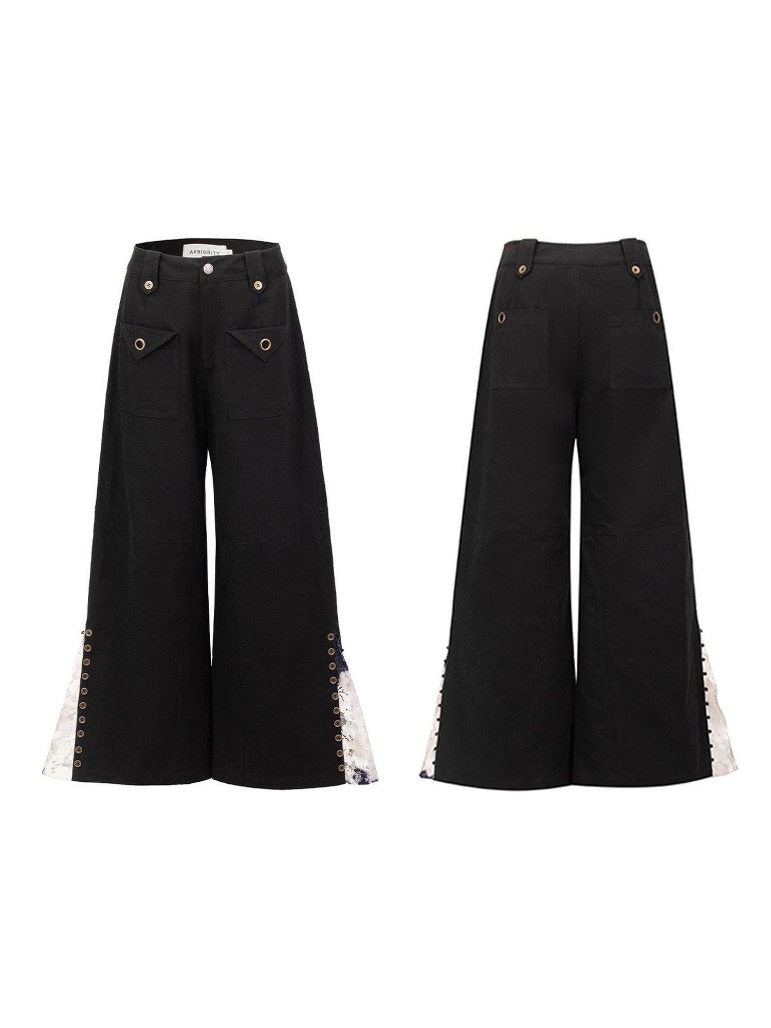 APRIORITY Black Distressed Lace Panel Adjustable Waist Women's Cotton Wide-leg Pants