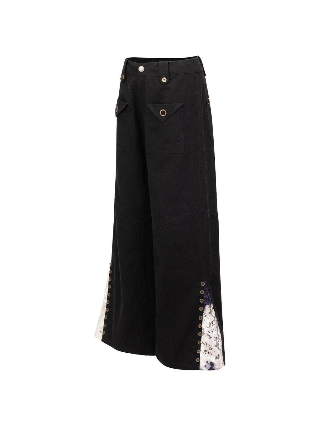 APRIORITY Black Distressed Lace Panel Adjustable Waist Women's Cotton Wide-leg Pants