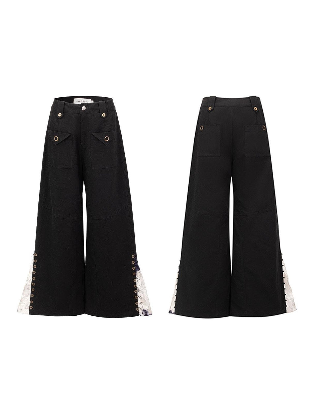 APRIORITY Black Distressed Lace Panel Adjustable Waist Women's Cotton Wide-leg Pants