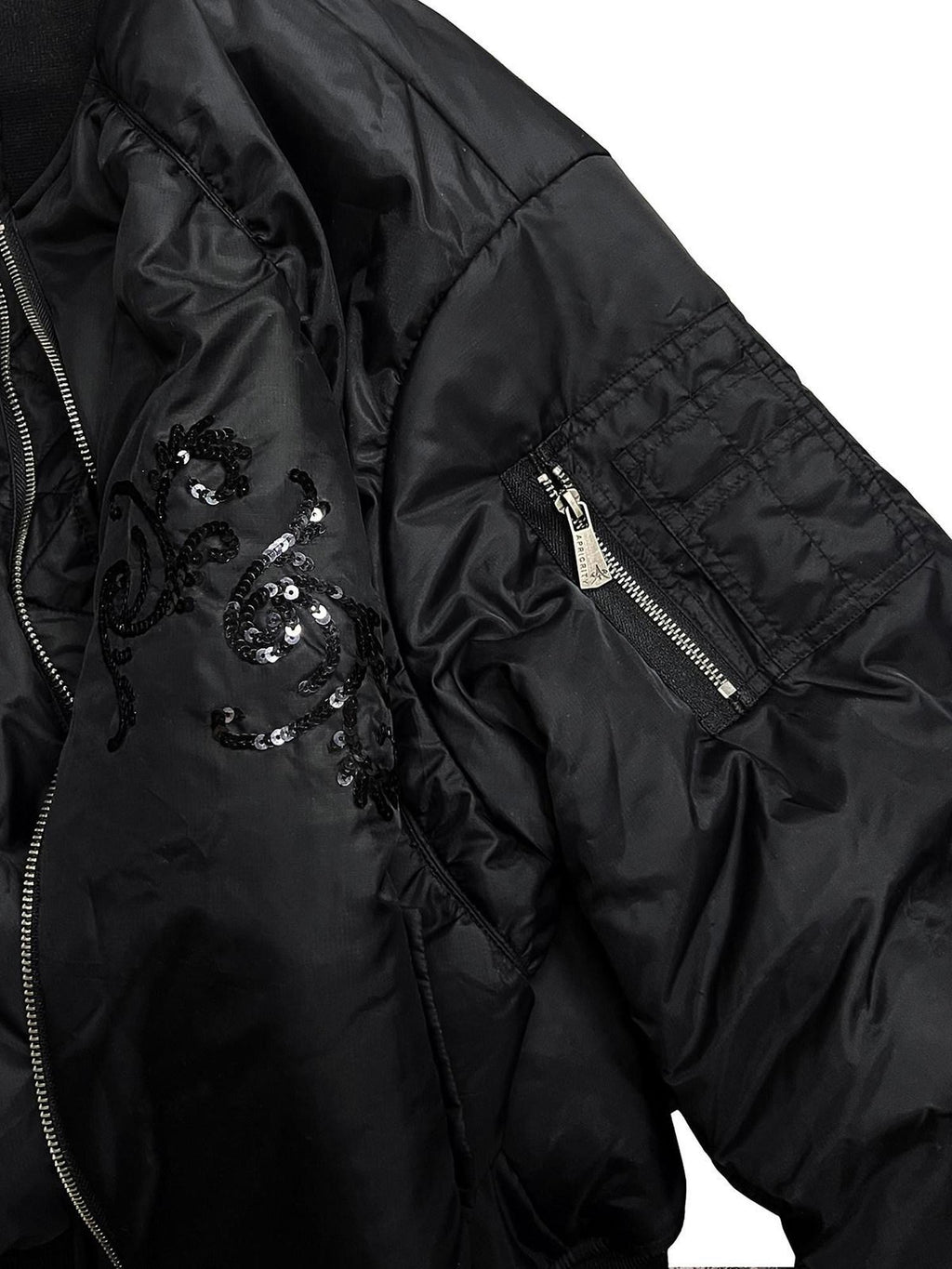 APRIORITY Black Embroidered Ma1 Bomber Stand Collar Women's Sherpa Cotton Puffer Jackets