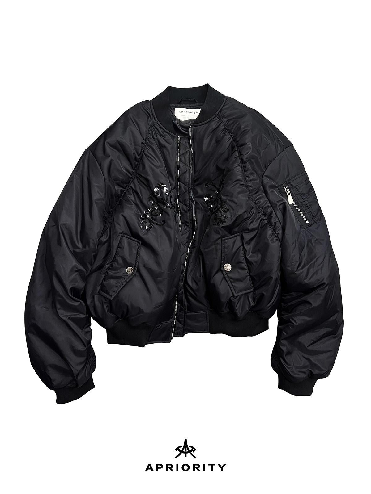 APRIORITY Black Embroidered Ma1 Bomber Stand Collar Women's Sherpa Cotton Puffer Jackets