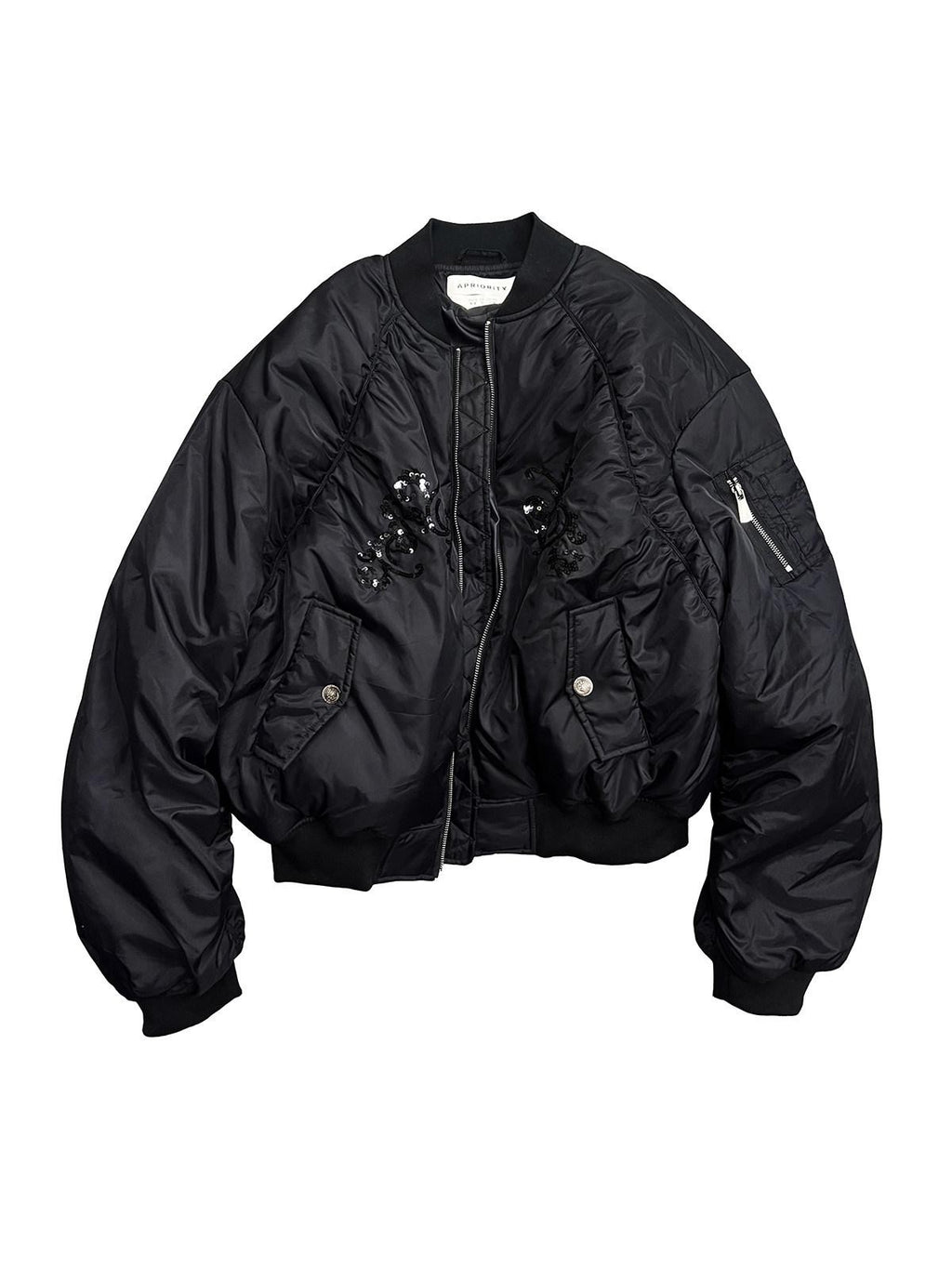 APRIORITY Black Embroidered Ma1 Bomber Stand Collar Women's Sherpa Cotton Puffer Jackets