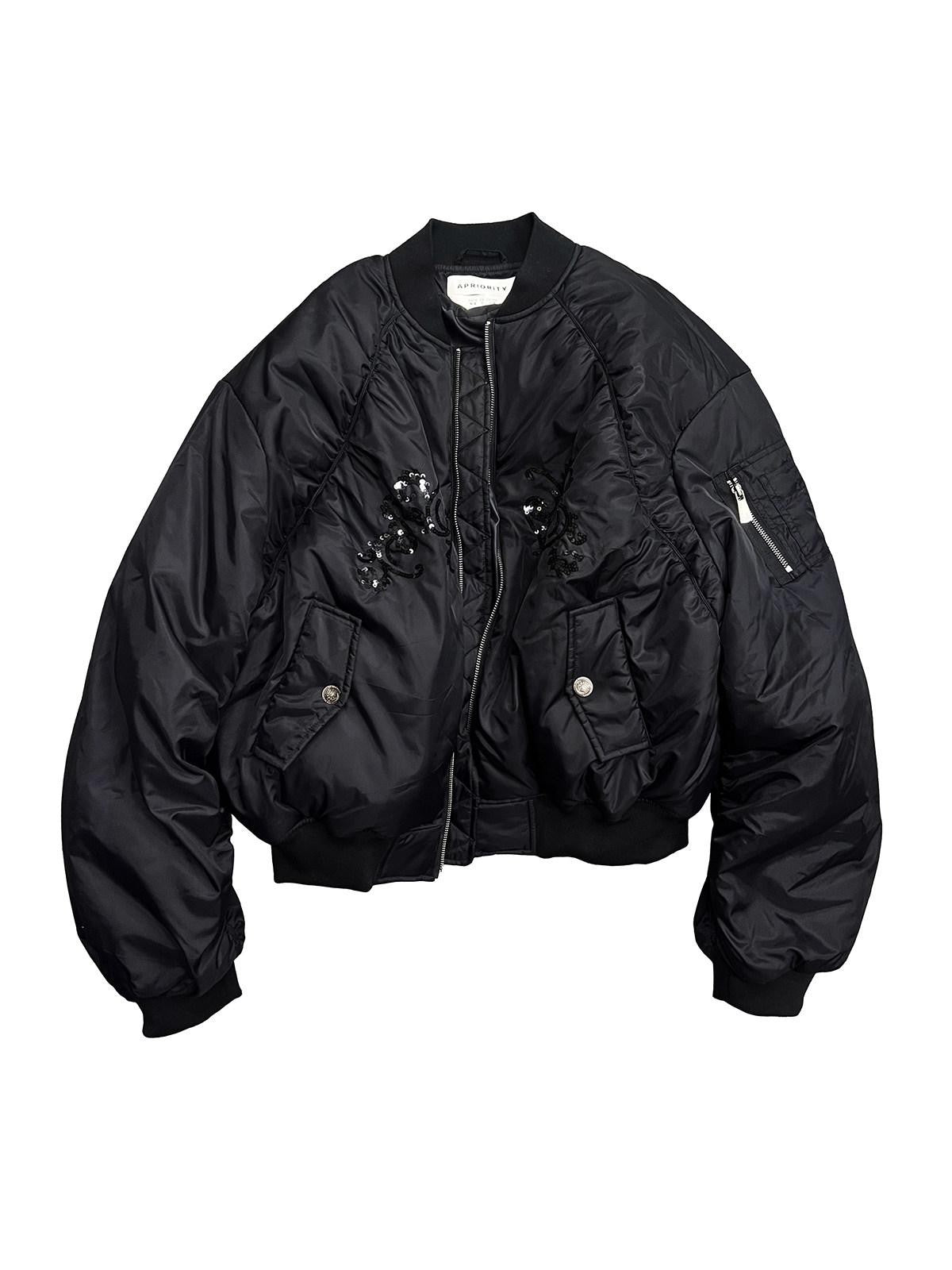 APRIORITY Black Embroidered Ma1 Bomber Stand Collar Women's Sherpa Cotton Puffer Jackets