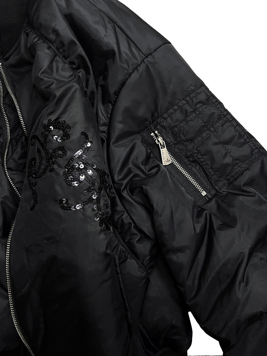 APRIORITY Black Embroidered Ma1 Bomber Stand Collar Women's Sherpa Cotton Puffer Jackets