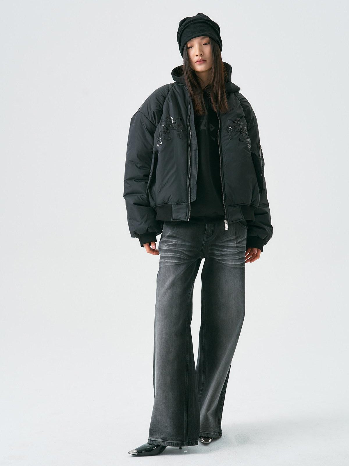 APRIORITY Black Embroidered Ma1 Bomber Stand Collar Women's Sherpa Cotton Puffer Jackets