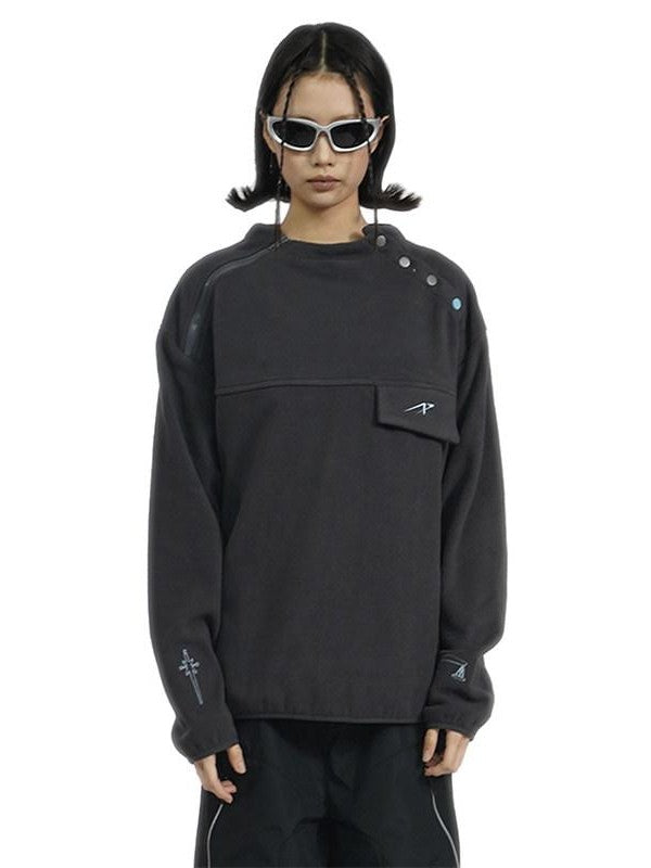 APRIORITY Black Half Zip Fleece Printed Loose Silhouette Women's Polyester Hoodies