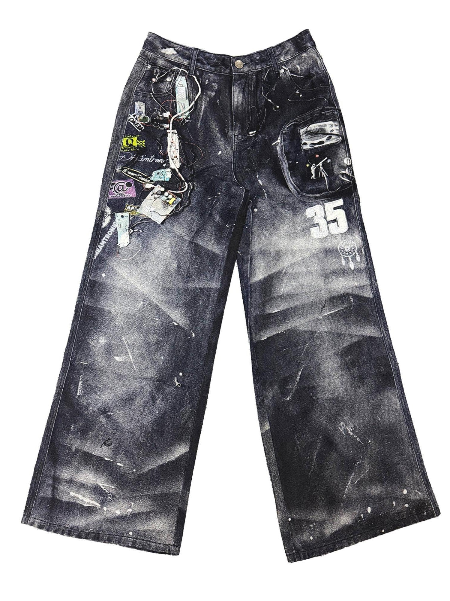 APRIORITY Black Ink Splatter 3d Print Women's Cotton Loose Straight-leg Jeans
