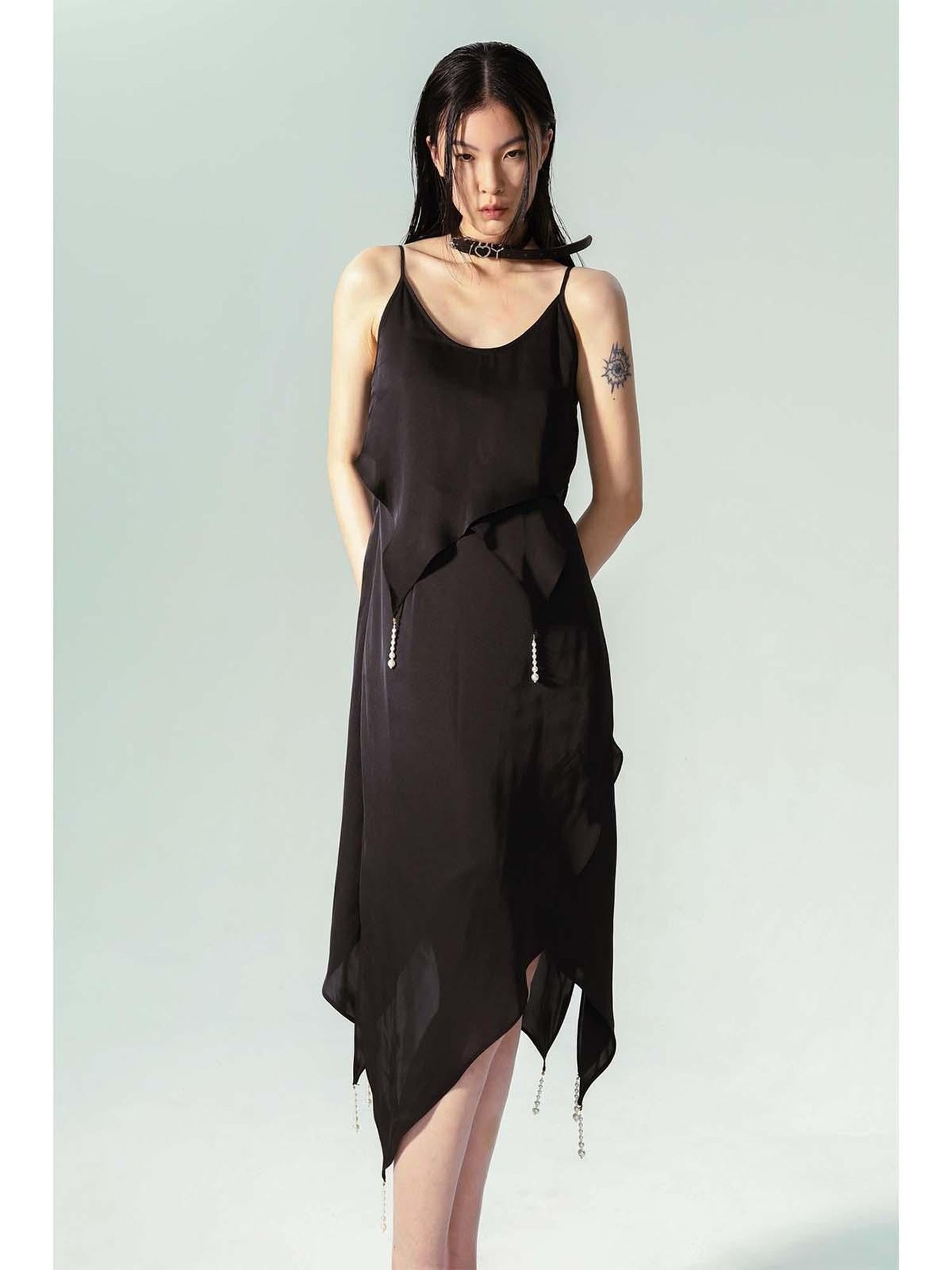 APRIORITY Black Pearl Trim Asymmetric Hem Women's Polyester Slip Midi Dresses