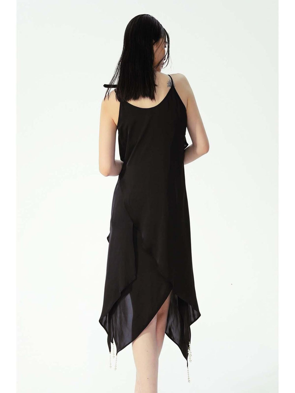 APRIORITY Black Pearl Trim Asymmetric Hem Women's Polyester Slip Midi Dresses