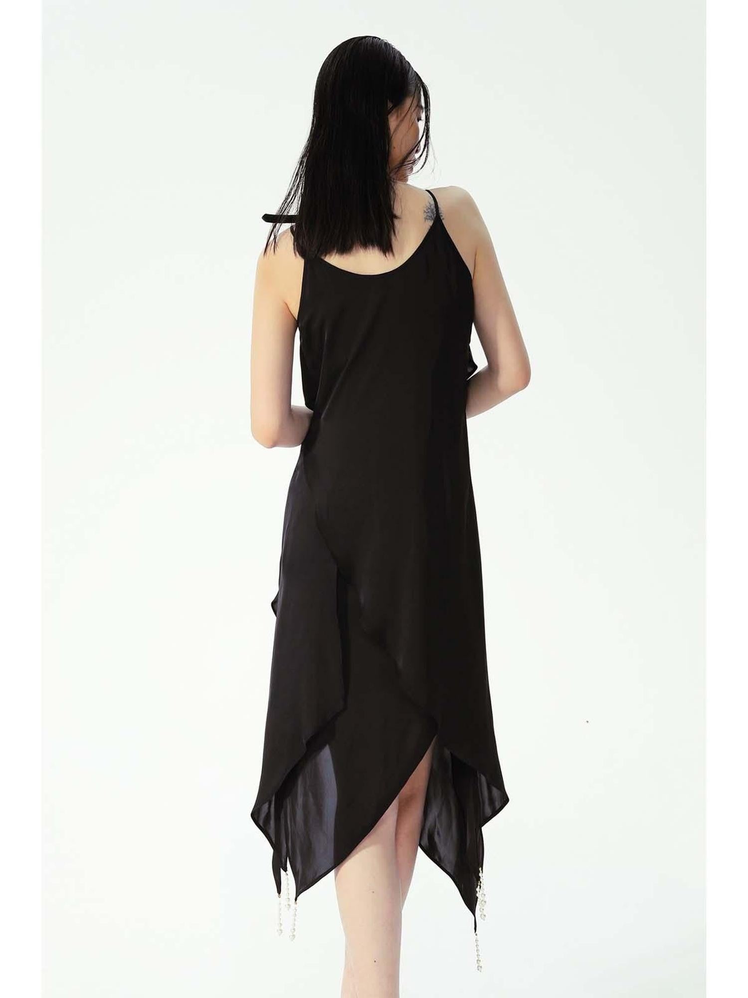 APRIORITY Black Pearl Trim Asymmetric Hem Women's Polyester Slip Midi Dresses