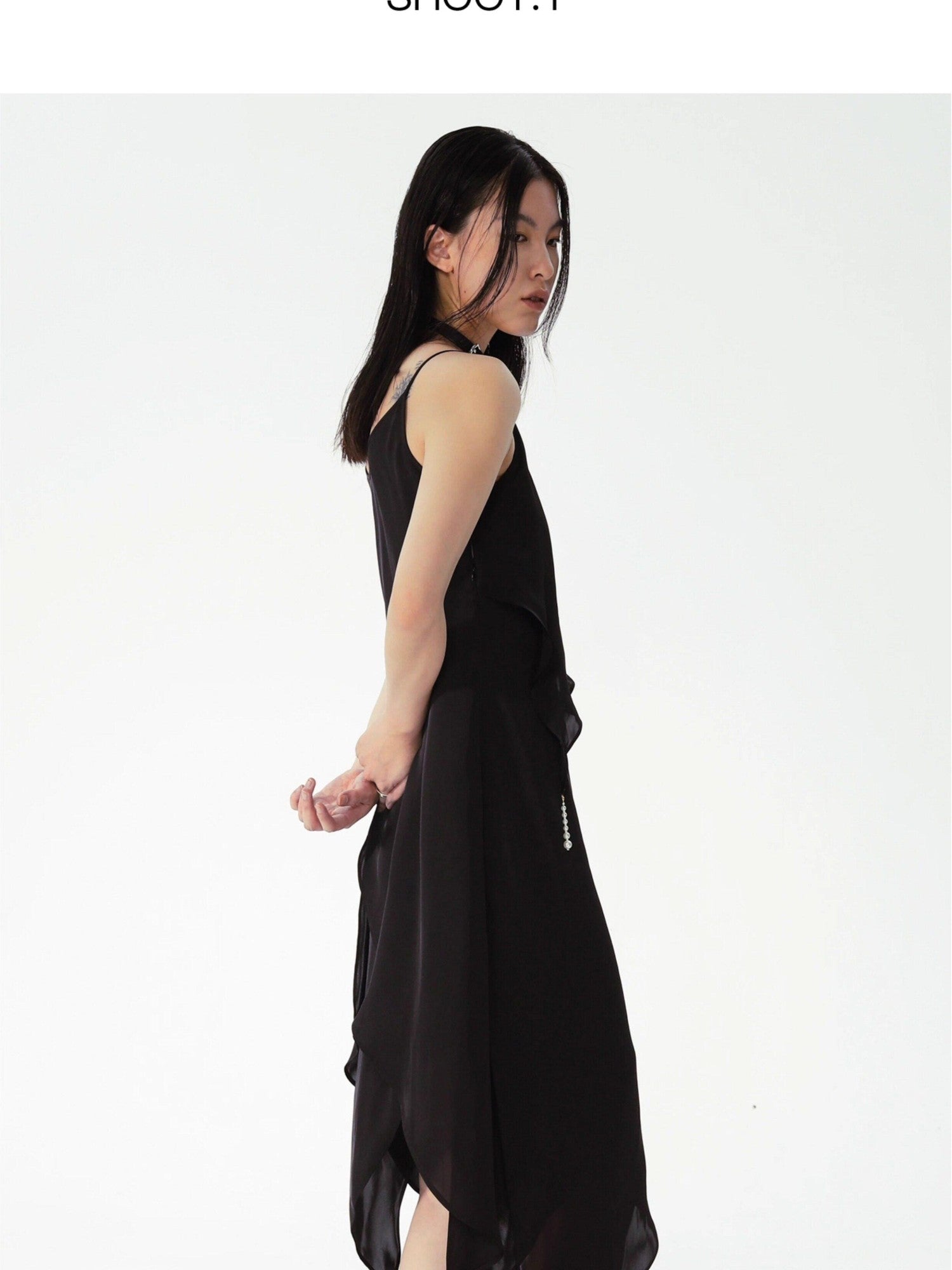 APRIORITY Black Pearl Trim Asymmetric Hem Women's Polyester Slip Midi Dresses