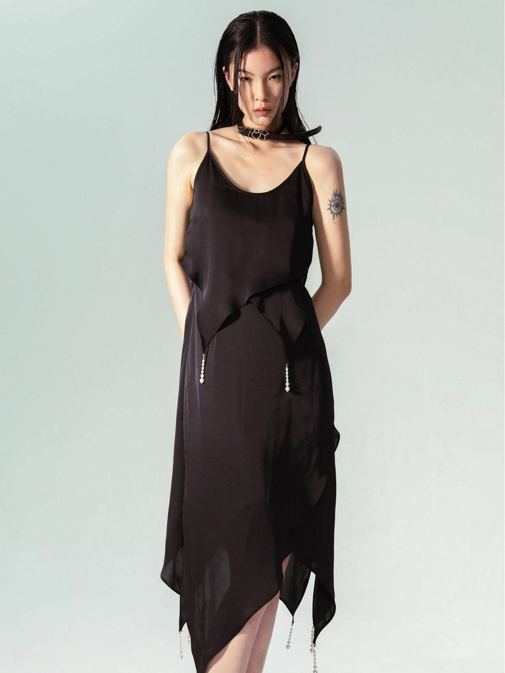 APRIORITY Black Pearl Trim Asymmetric Hem Women's Polyester Slip Midi Dresses