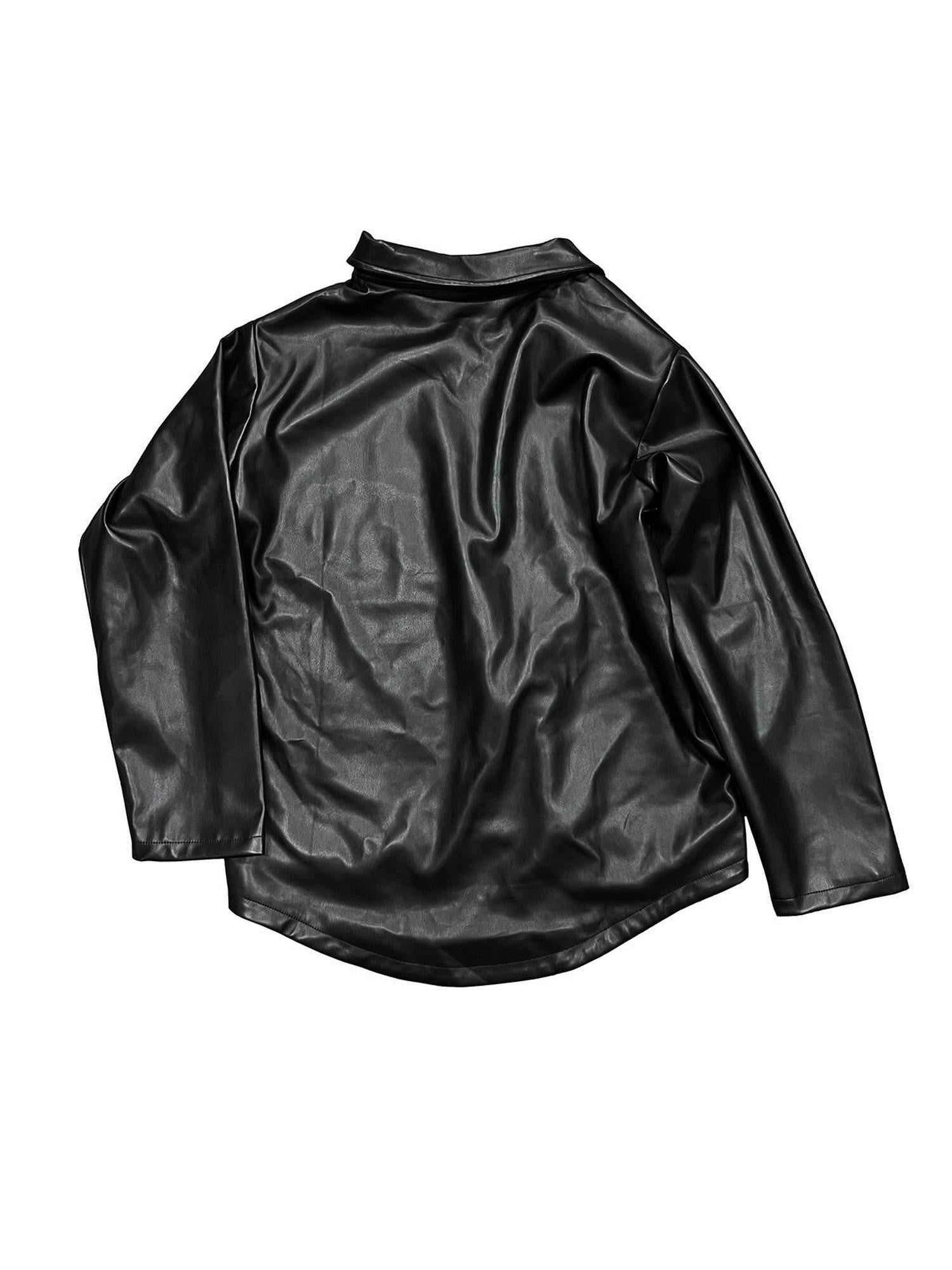 APRIORITY Black Printed Lapel Loose Street Women's Polyester Leather Jackets