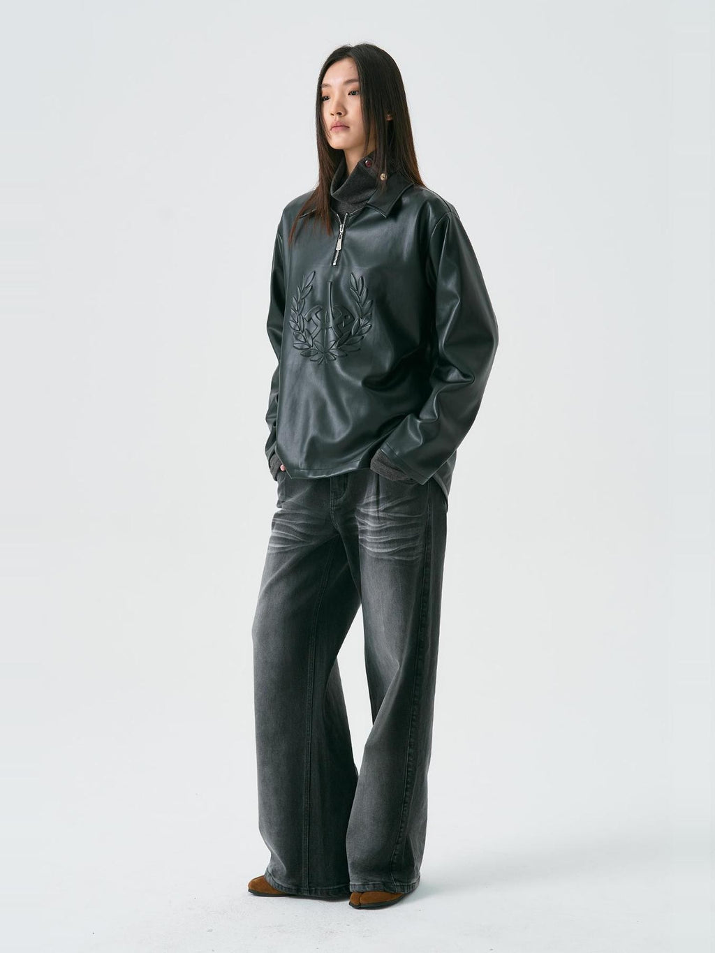 APRIORITY Black Printed Lapel Loose Street Women's Polyester Leather Jackets