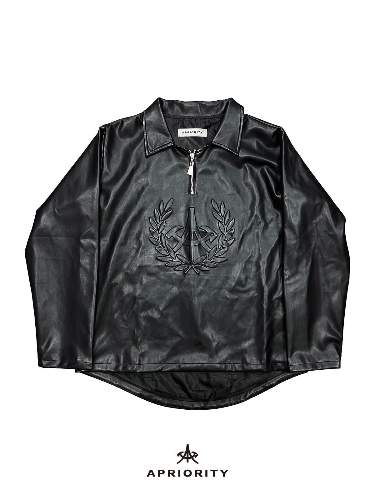 APRIORITY Black Printed Lapel Loose Street Women's Polyester Leather Jackets