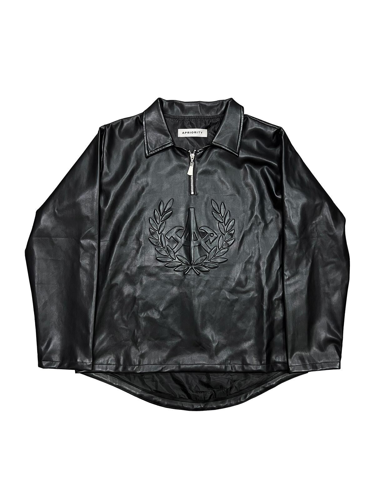 APRIORITY Black Printed Lapel Loose Street Women's Polyester Leather Jackets