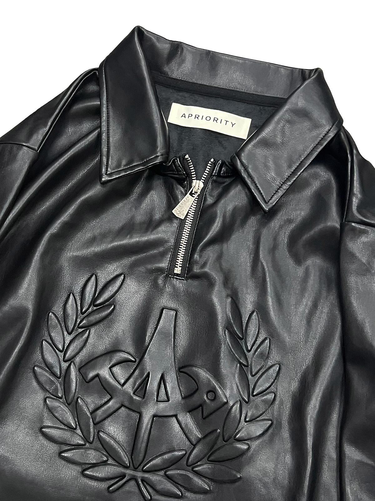 APRIORITY Black Printed Lapel Loose Street Women's Polyester Leather Jackets