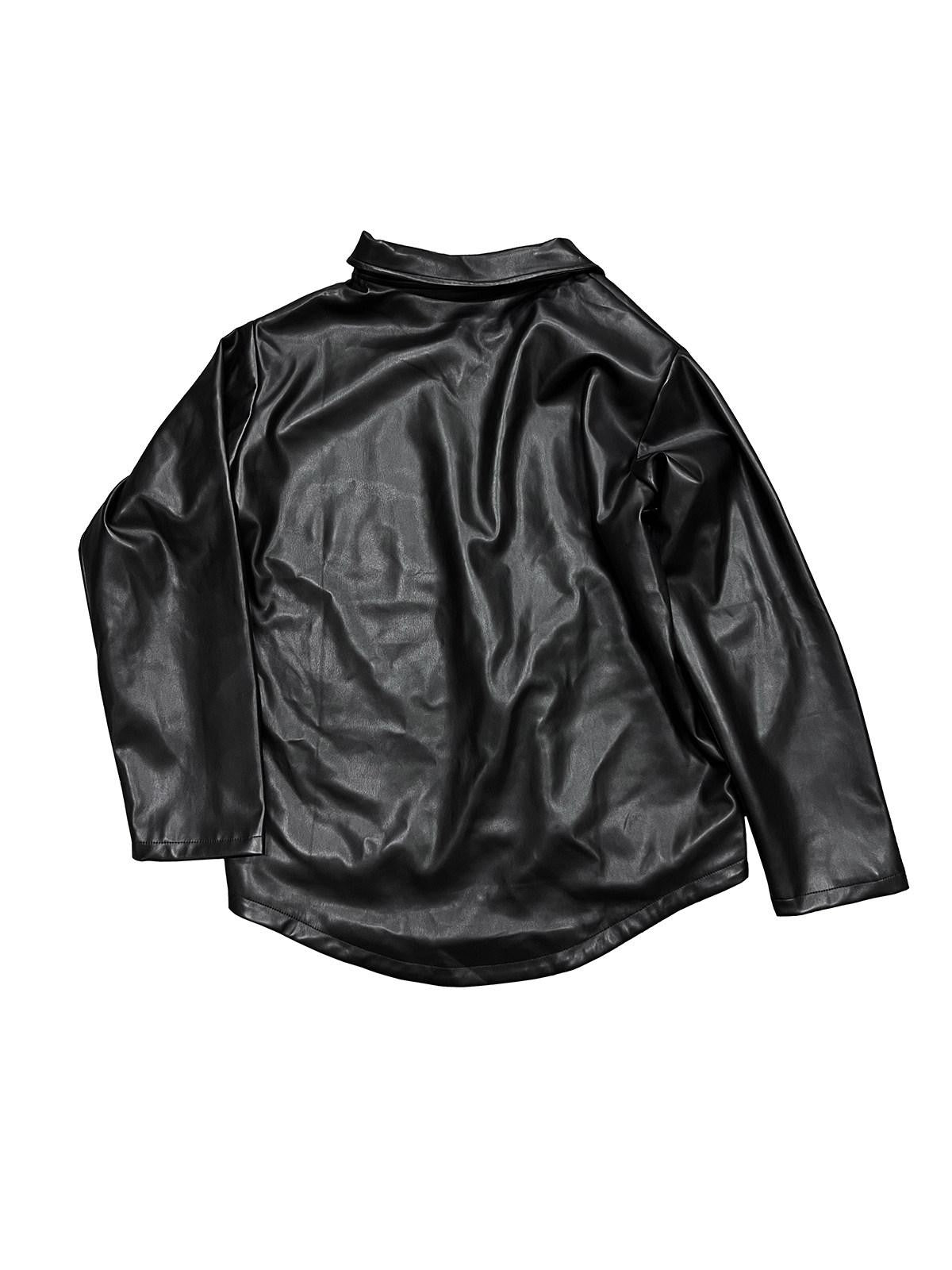 APRIORITY Black Printed Lapel Loose Street Women's Polyester Leather Jackets