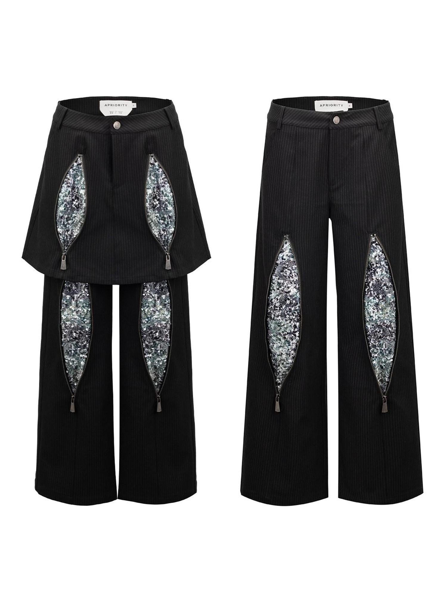 APRIORITY Black Striped Detachable Firework Skirt Panel Sequin Women's Nylon Skorts