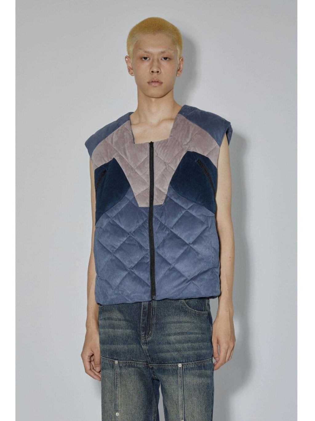 APRIORITY Blue Colorblock Cut Round Neck Loose Fit Women's Down Puffer Vests