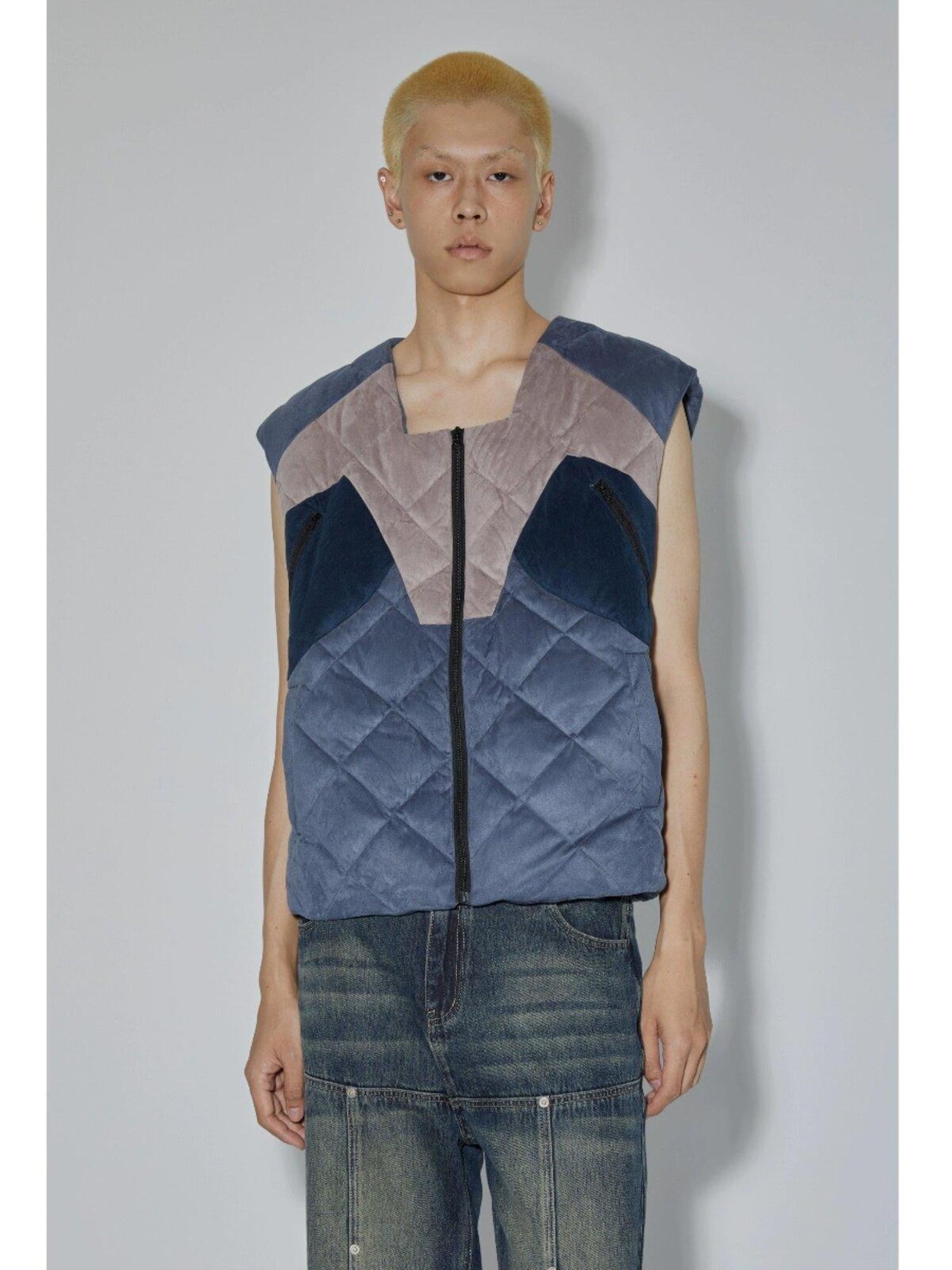 APRIORITY Blue Colorblock Cut Round Neck Loose Fit Women's Down Puffer Vests