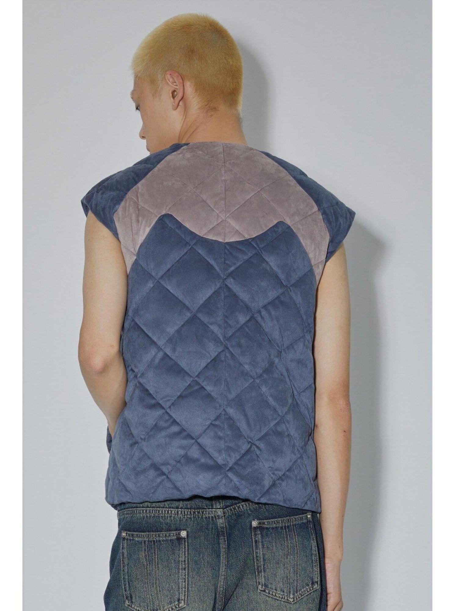 APRIORITY Blue Colorblock Cut Round Neck Loose Fit Women's Down Puffer Vests