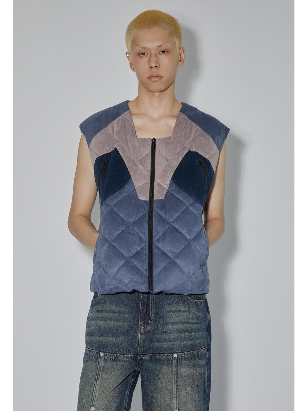 APRIORITY Blue Colorblock Cut Round Neck Loose Fit Women's Down Puffer Vests
