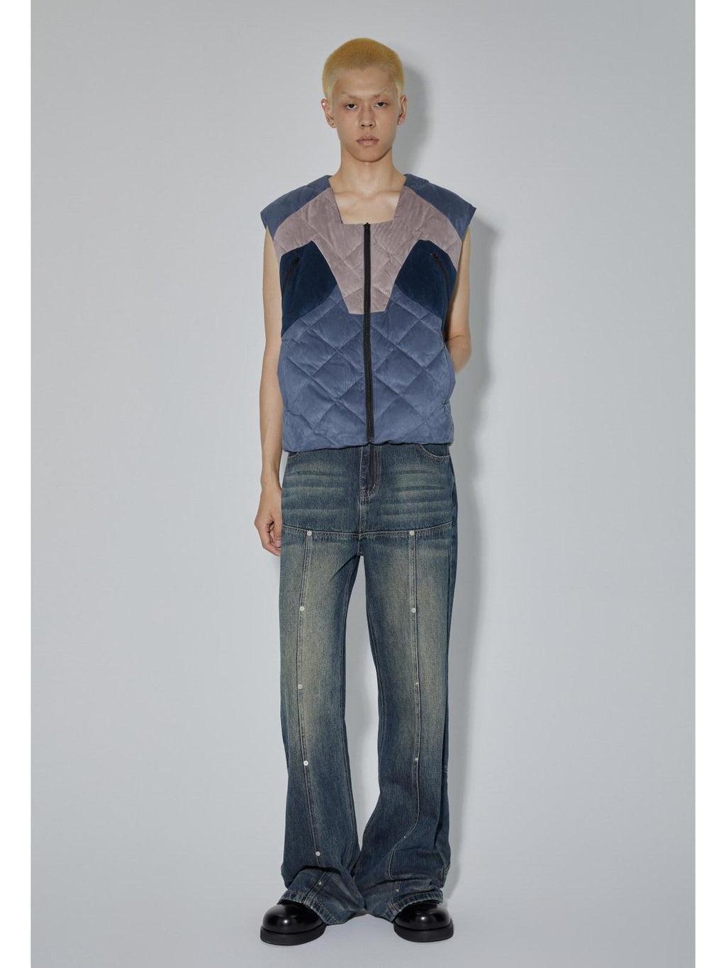 APRIORITY Blue Colorblock Cut Round Neck Loose Fit Women's Down Puffer Vests