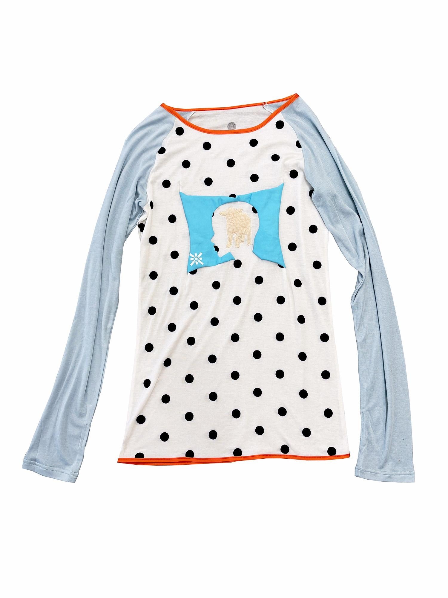 APRIORITY Blue White Polka Dot Colorblock Women's Lyocell Wool Blend Long Sleeve T-shirts