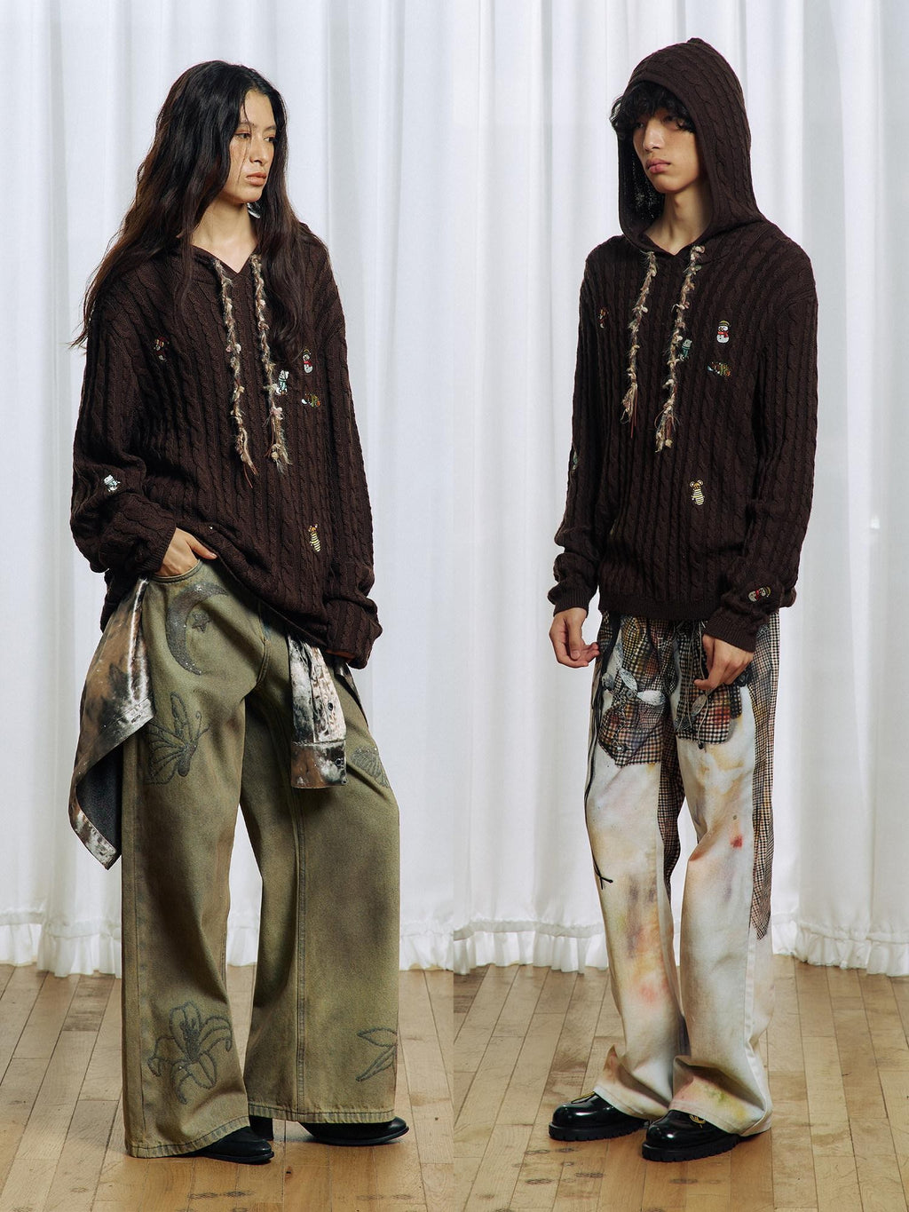 APRIORITY Brown Animal Embroidered Hooded Women's Wool Blend Pullover Sweaters