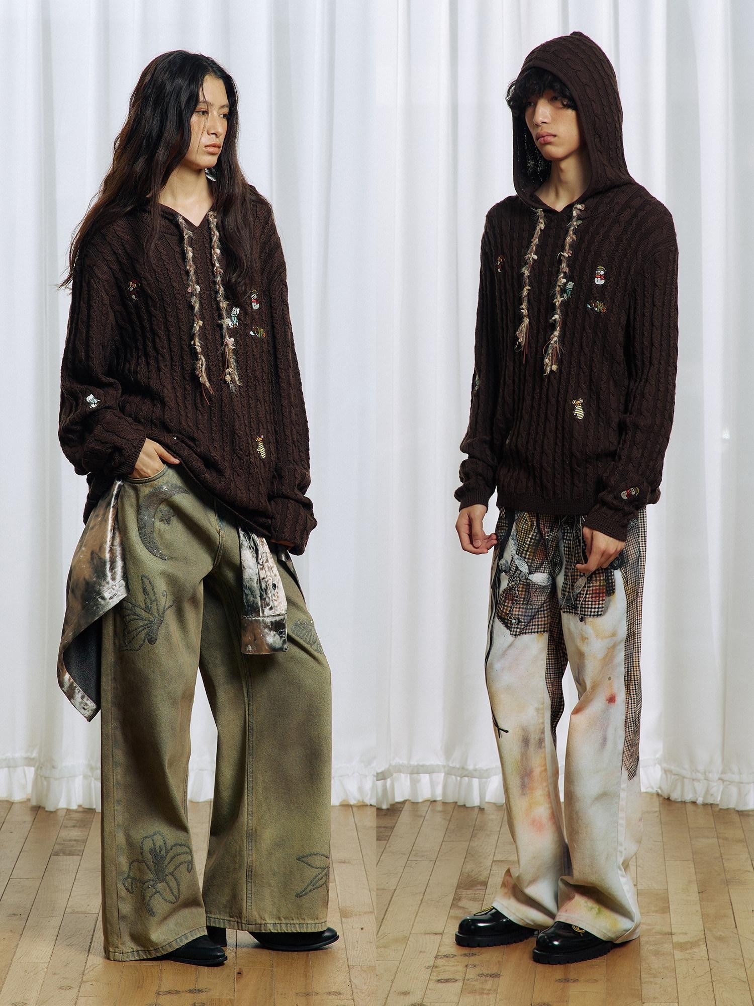 APRIORITY Brown Animal Embroidered Hooded Women's Wool Blend Pullover Sweaters