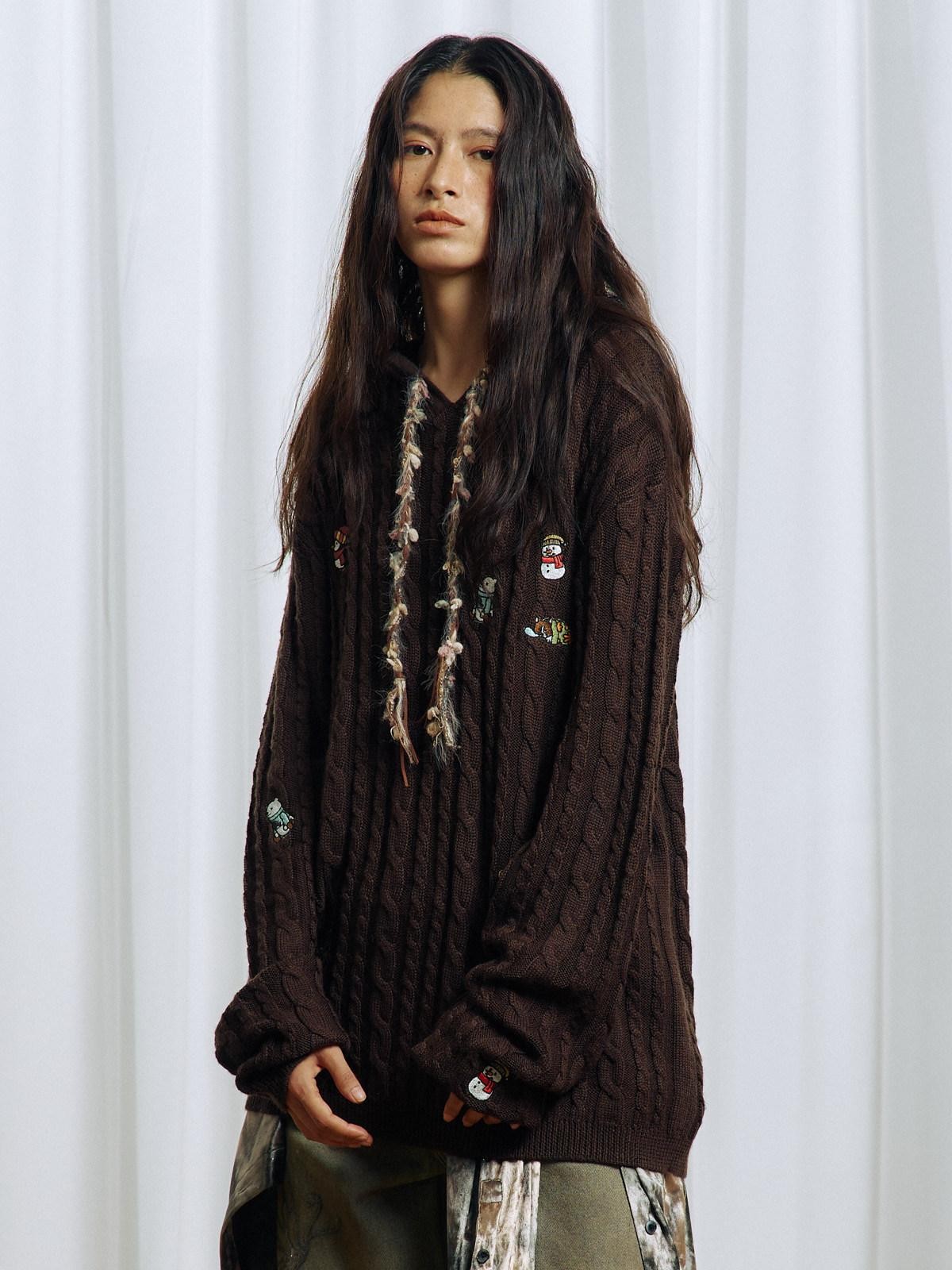 APRIORITY Brown Animal Embroidered Hooded Women's Wool Blend Pullover Sweaters