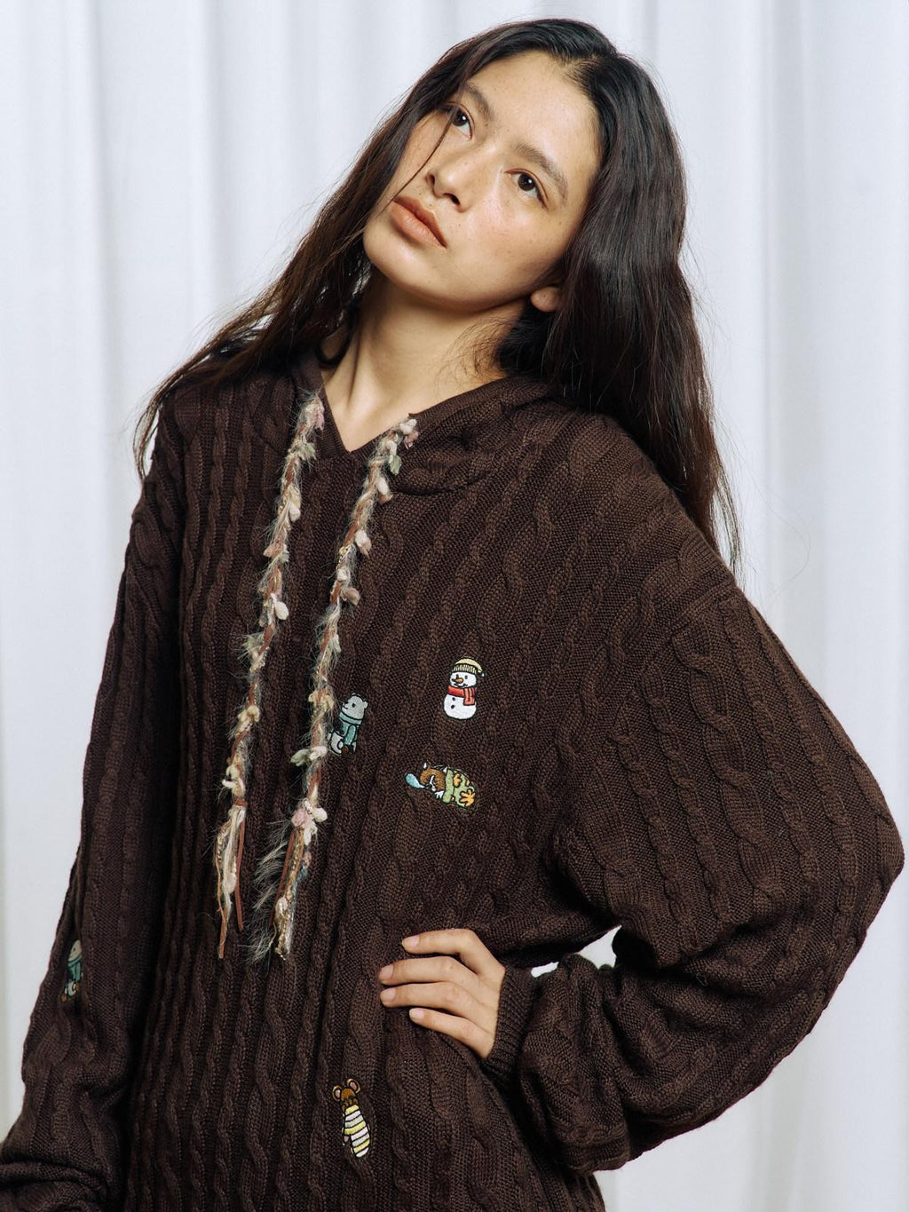 APRIORITY Brown Animal Embroidered Hooded Women's Wool Blend Pullover Sweaters