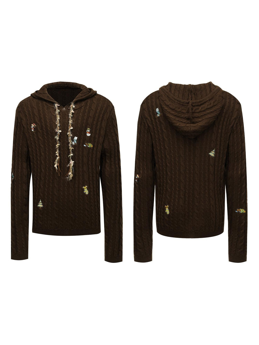 APRIORITY Brown Animal Embroidered Hooded Women's Wool Blend Pullover Sweaters