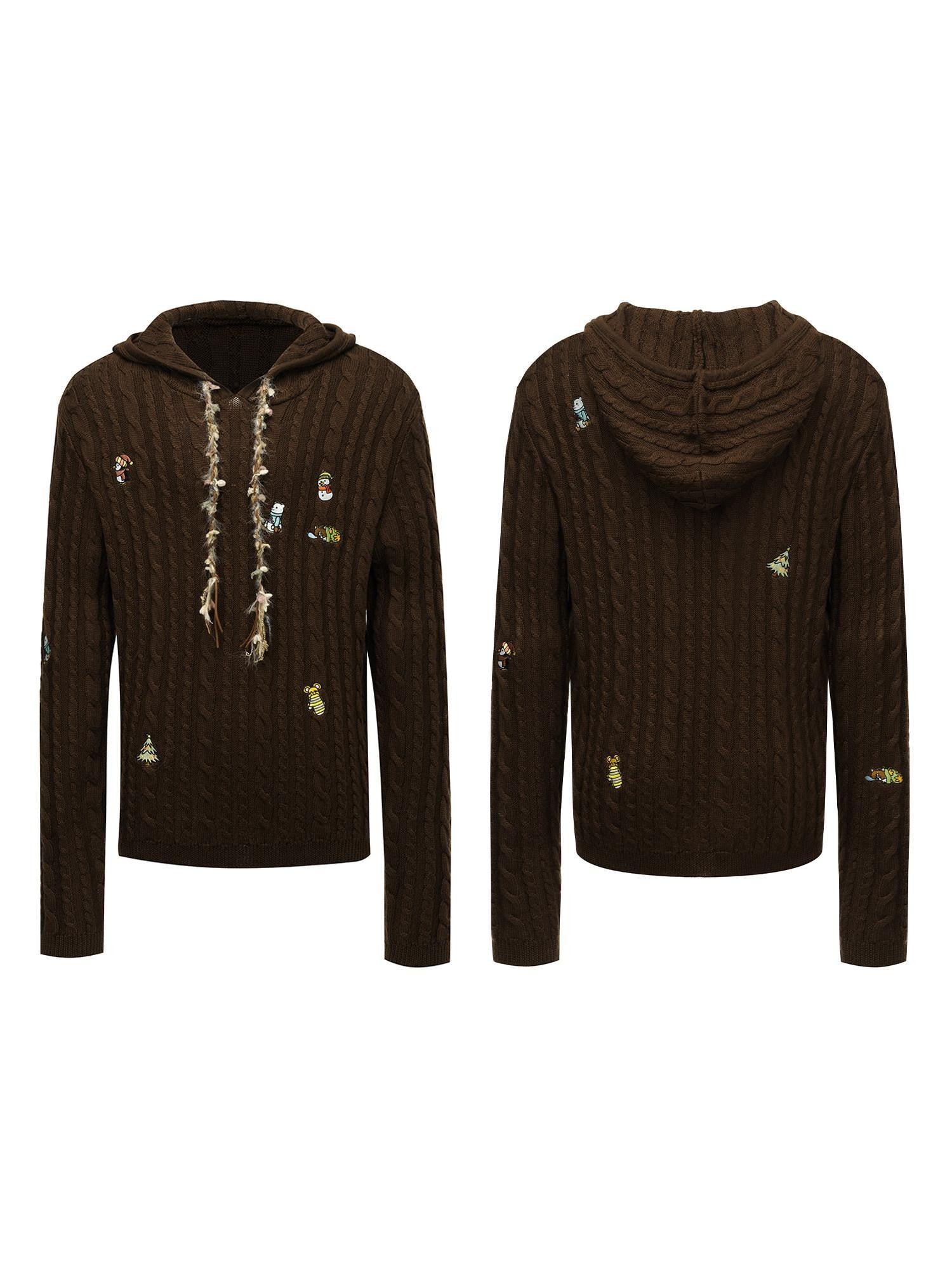 APRIORITY Brown Animal Embroidered Hooded Women's Wool Blend Pullover Sweaters
