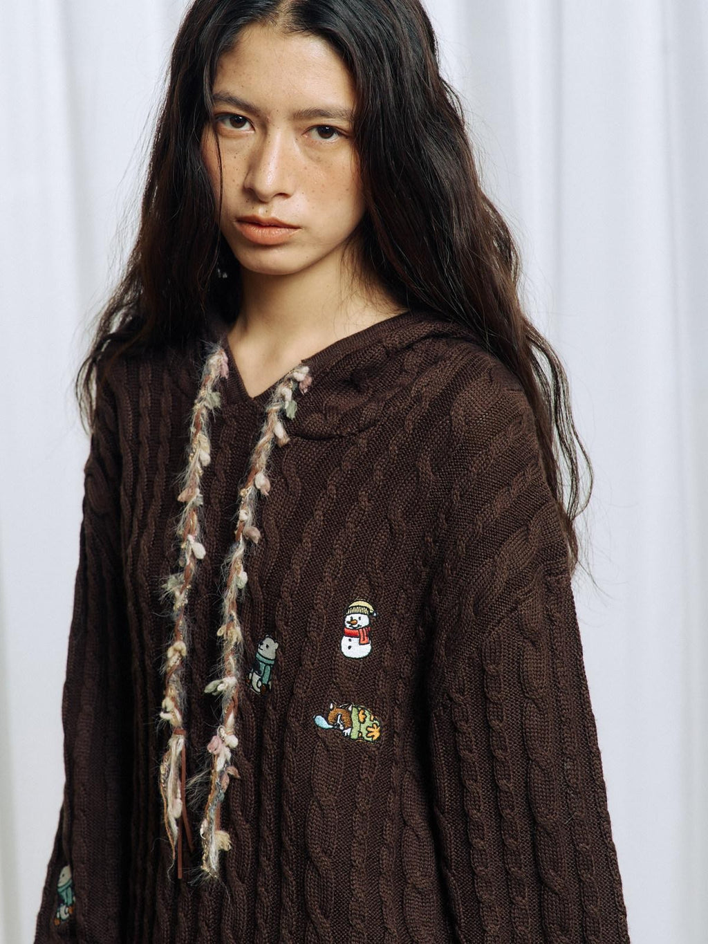 APRIORITY Brown Animal Embroidered Hooded Women's Wool Blend Pullover Sweaters