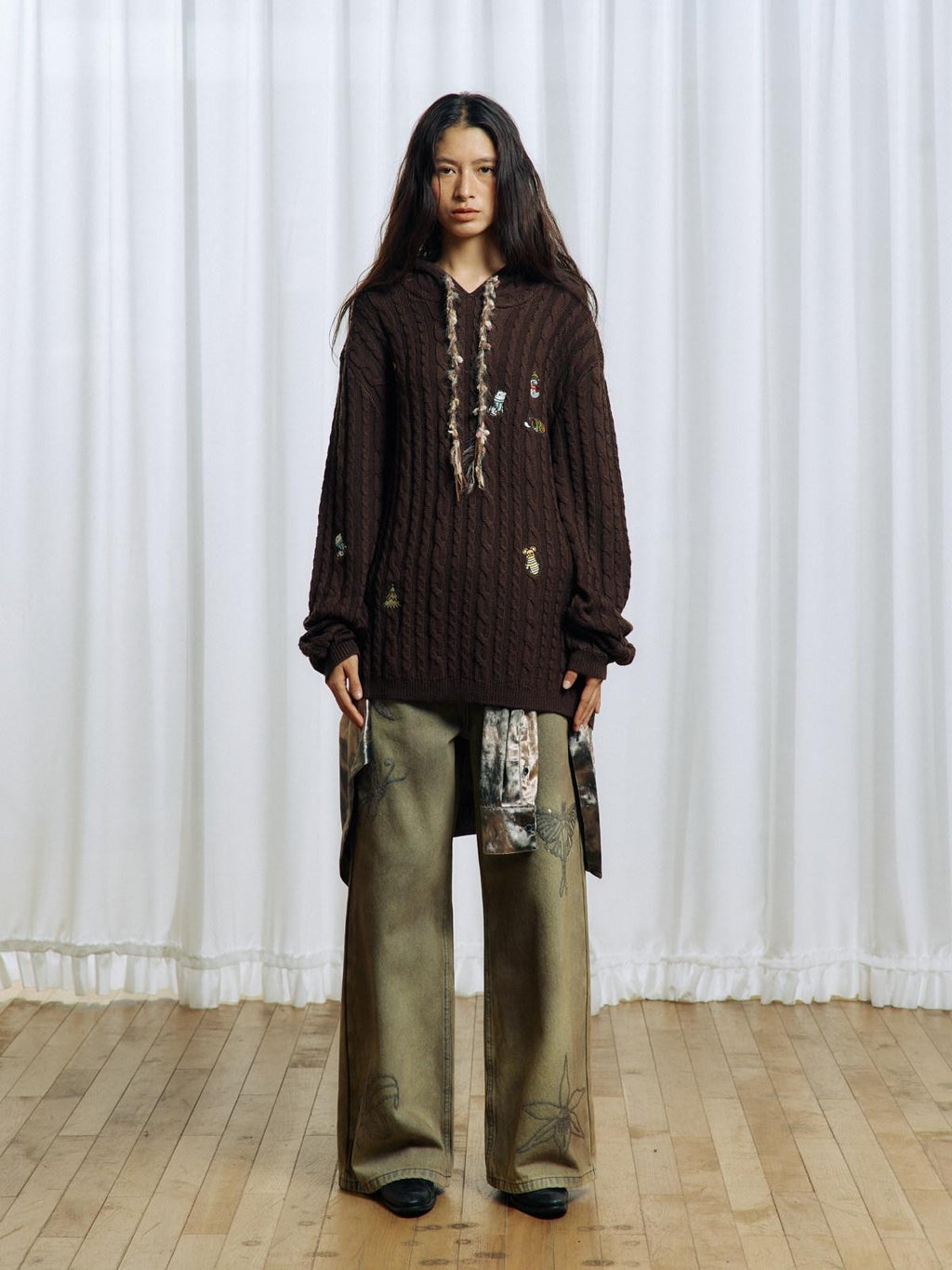 APRIORITY Brown Animal Embroidered Hooded Women's Wool Blend Pullover Sweaters