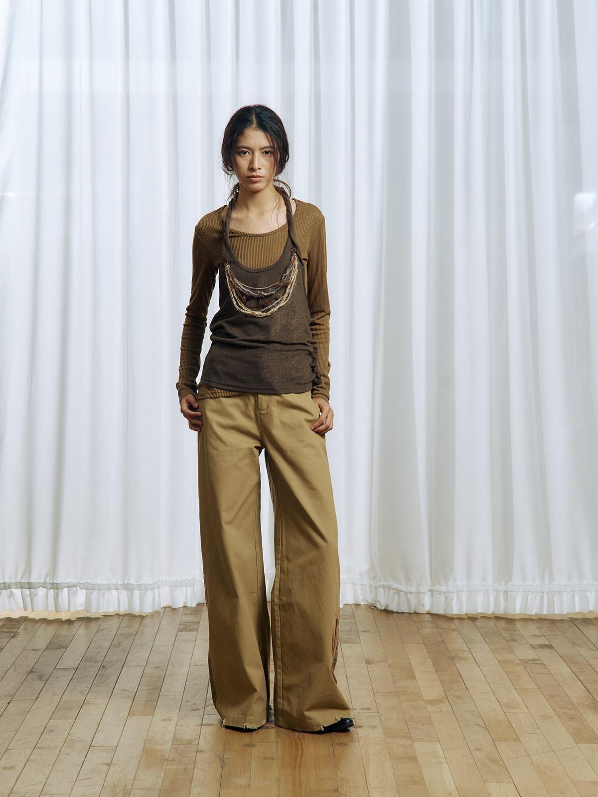 APRIORITY Brown Asymmetrical Detachable Tassel Hem Women's Polyester Pullover Sweaters