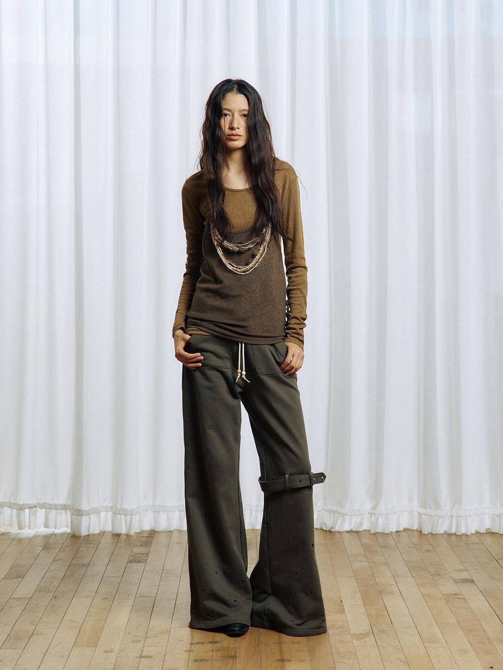 APRIORITY Brown Asymmetrical Detachable Tassel Hem Women's Polyester Pullover Sweaters