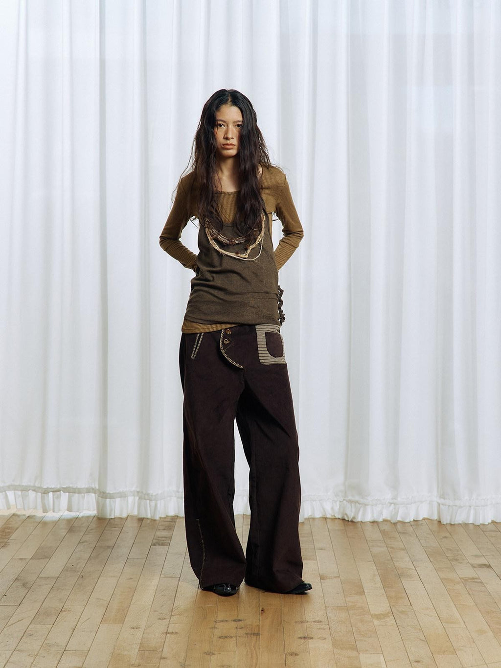 APRIORITY Brown Asymmetrical Detachable Tassel Hem Women's Polyester Pullover Sweaters