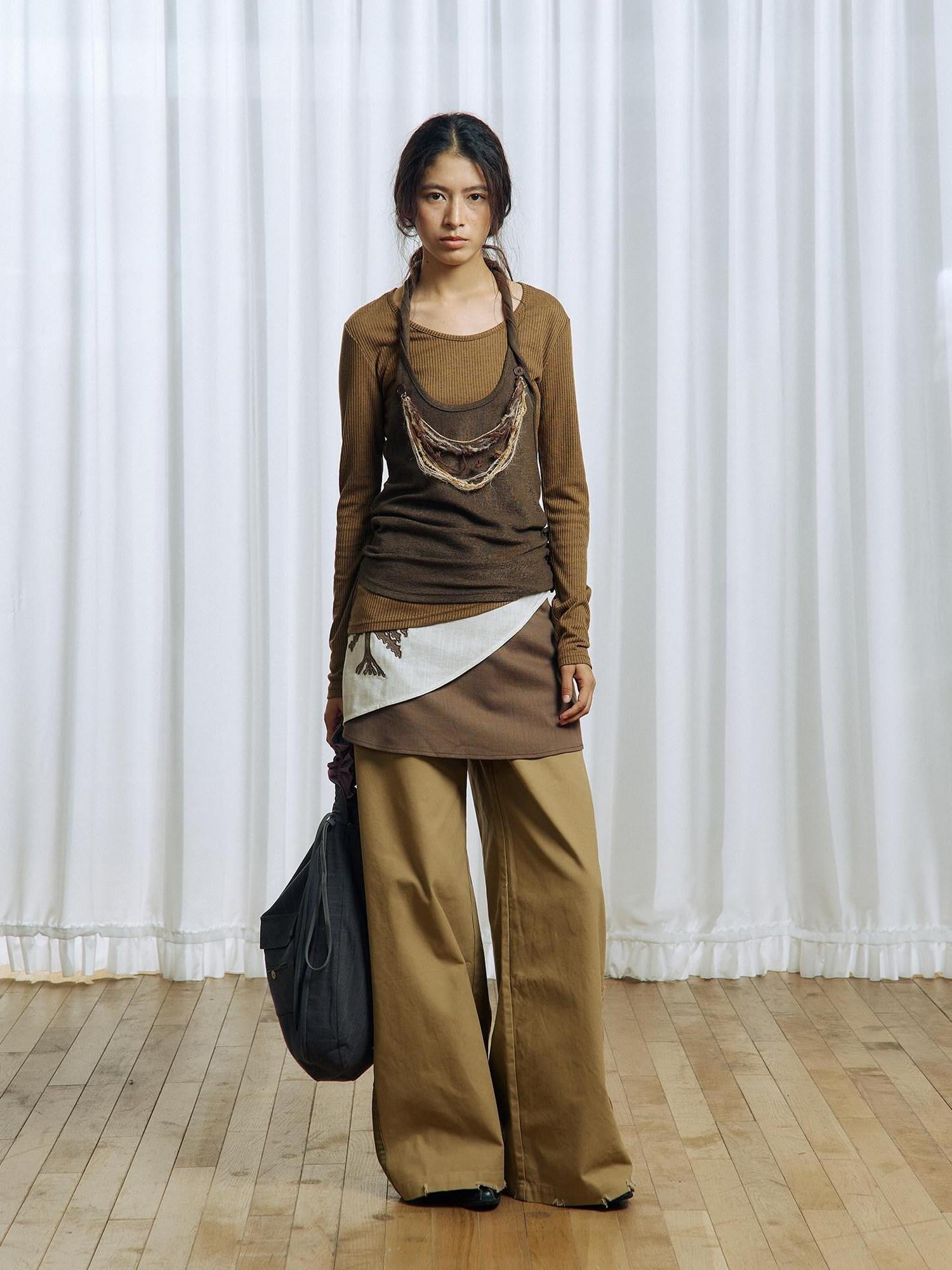 APRIORITY Brown Asymmetrical Detachable Tassel Hem Women's Polyester Pullover Sweaters
