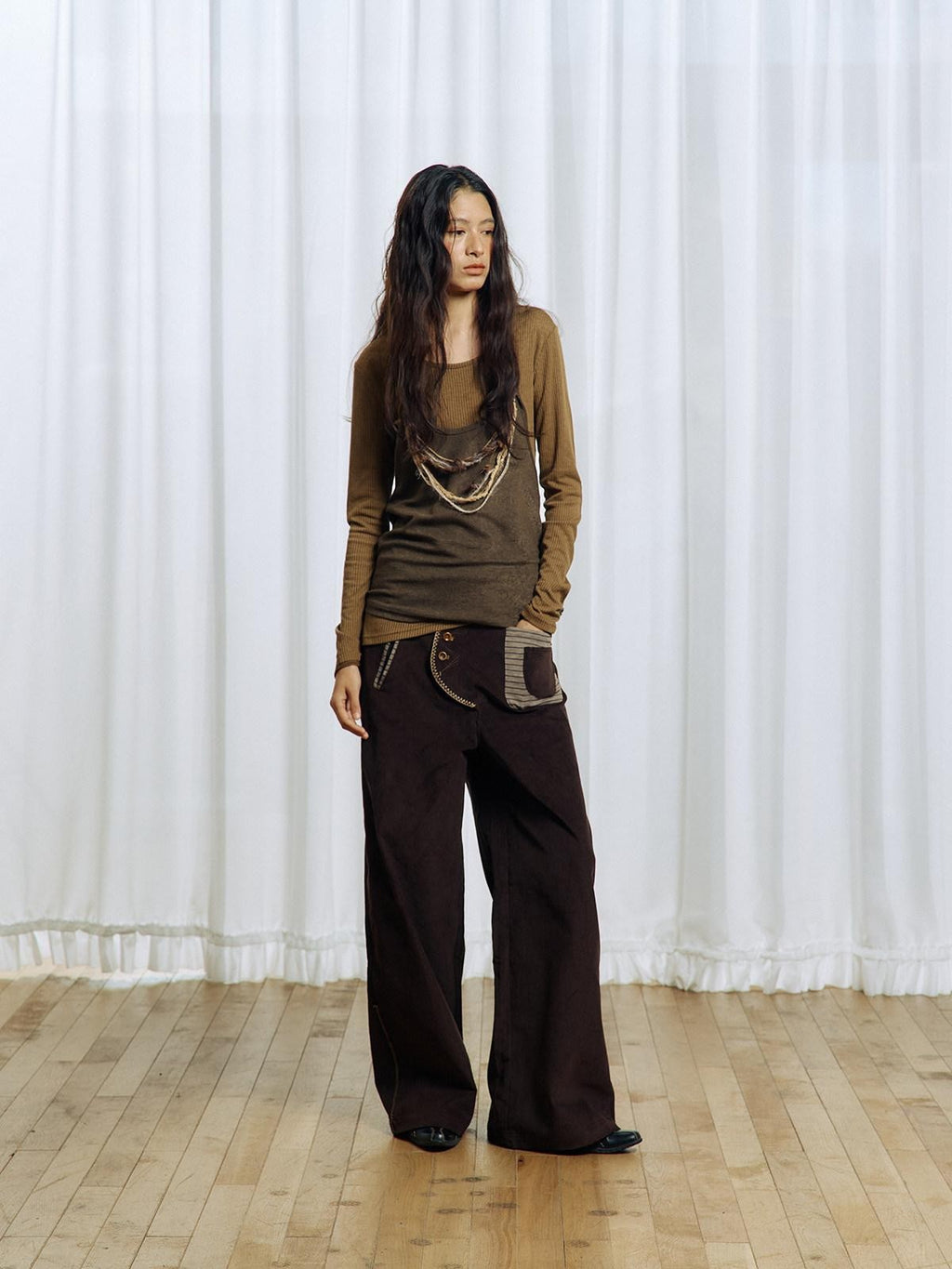 APRIORITY Brown Asymmetrical Detachable Tassel Hem Women's Polyester Pullover Sweaters