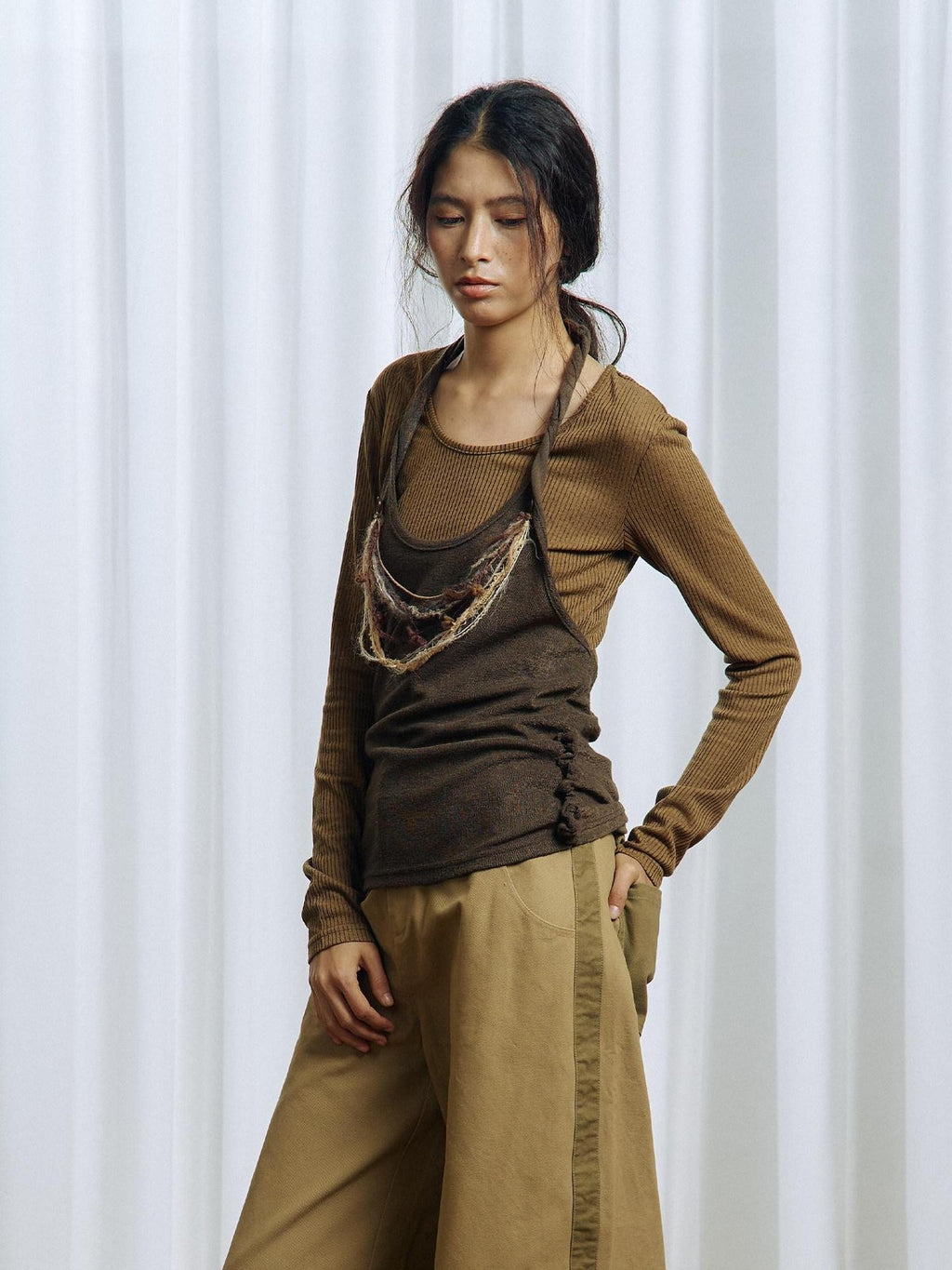 APRIORITY Brown Asymmetrical Detachable Tassel Hem Women's Polyester Pullover Sweaters