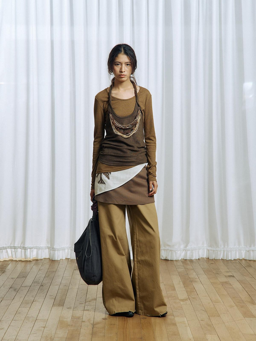 APRIORITY Brown Asymmetrical Detachable Tassel Hem Women's Polyester Pullover Sweaters