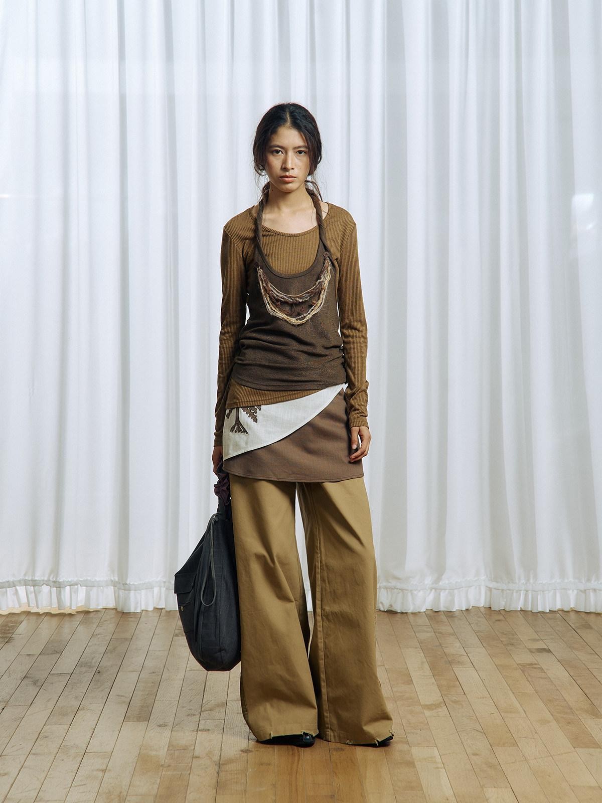 APRIORITY Brown Asymmetrical Detachable Tassel Hem Women's Polyester Pullover Sweaters