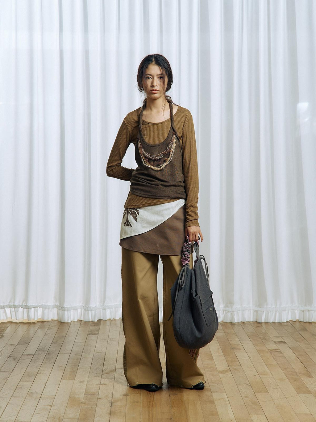 APRIORITY Brown Asymmetrical Detachable Tassel Hem Women's Polyester Pullover Sweaters